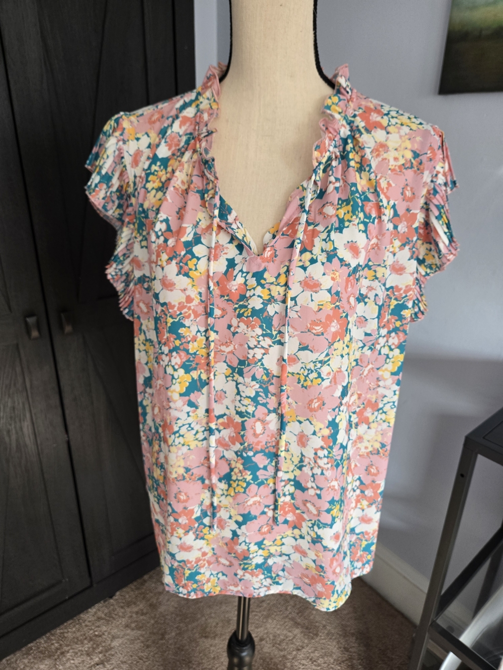 Floral Ruffle Tie-Neck Blouse - Pink Teal Floral